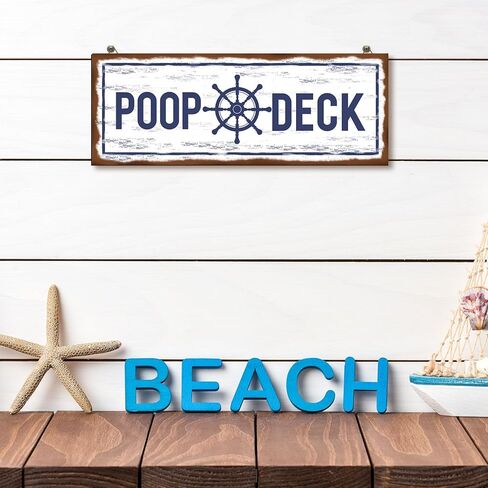 POOP DECK Sign Nautical Nursery Wall Decor Rustic Beach Bathroom Wood Sign Nautical Boat Decor Ocean Coastal Theme Decorations for Home Hanging Wood Sign for Ocean Bathroom 15.7 x 5.9 Inch (Blue) in Saudi Arabia