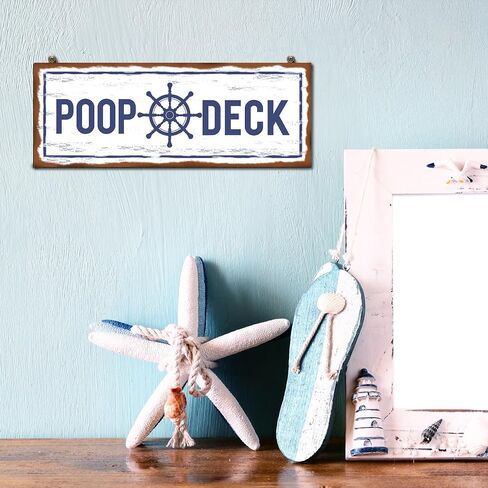 POOP DECK Sign Nautical Nursery Wall Decor Rustic Beach Bathroom Wood Sign Nautical Boat Decor Ocean Coastal Theme Decorations for Home Hanging Wood Sign for Ocean Bathroom 15.7 x 5.9 Inch (Blue) in Saudi Arabia