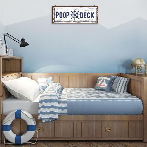 POOP DECK Sign Nautical Nursery Wall Decor Rustic Beach Bathroom Wood Sign Nautical Boat Decor Ocean Coastal Theme Decorations for Home Hanging Wood Sign for Ocean Bathroom 15.7 x 5.9 Inch (Blue) in Saudi Arabia