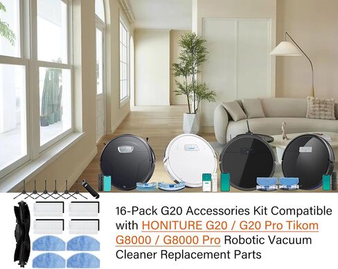 طقم إكسسوارات مكون من 16 قطعة متوافق مع قطع غيار المكنسة الروبوتية HONITURE G20 / G20 Pro Tikom G8000 / G8000 Pro، وفرشاة رئيسية واحدة، و6 فرش جانبية، و4 مرشحات HEPA و4 ممسحات in Saudi Arabia