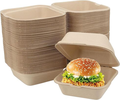 100 عبوة من حاويات الطعام على شكل صدفة مقاس 6x6 بوصة، حجرة واحدة للذهاب إلى صندوق همبرغر مع غطاء مفصلي، حاويات منزلية للمطابخ والحفلات والمطاعم وشاحنات الطعام، بني in Kuwait