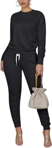 THLAI women solid color 2 piece outfits fall crew neck pullover top long pants set Tracksuit in Saudi Arabia