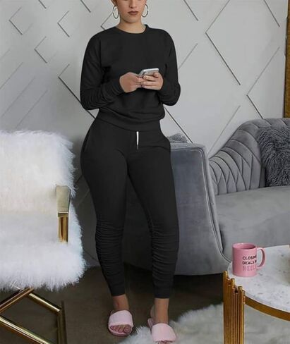 THLAI women solid color 2 piece outfits fall crew neck pullover top long pants set Tracksuit in Saudi Arabia