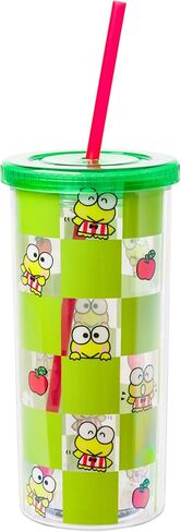 Silver Buffalo Sanrio Hello Kitty and Friends Keroppi Green Checkered Plastic Cold Cup with Lid and Straw, 20 Ounces in Saudi Arabia