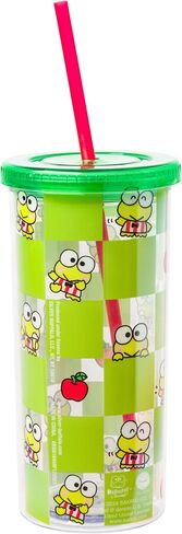 Silver Buffalo Sanrio Hello Kitty and Friends Keroppi Green Checkered Plastic Cold Cup with Lid and Straw, 20 Ounces in Saudi Arabia