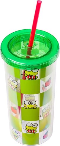 Silver Buffalo Sanrio Hello Kitty and Friends Keroppi Green Checkered Plastic Cold Cup with Lid and Straw, 20 Ounces in Saudi Arabia