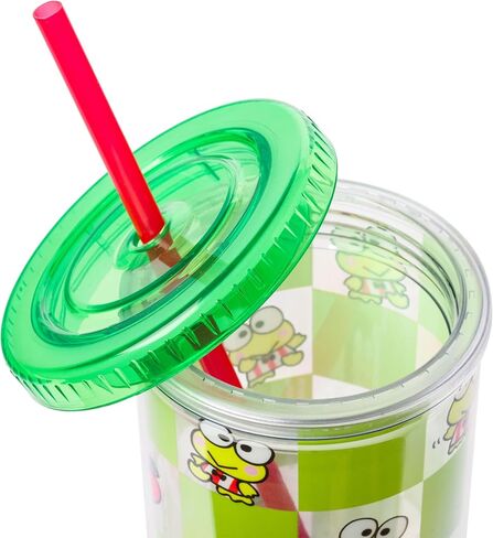 Silver Buffalo Sanrio Hello Kitty and Friends Keroppi Green Checkered Plastic Cold Cup with Lid and Straw, 20 Ounces in Saudi Arabia