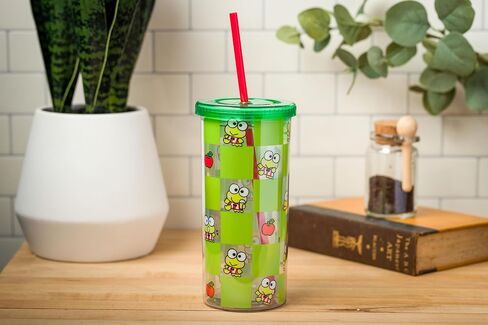 Silver Buffalo Sanrio Hello Kitty and Friends Keroppi Green Checkered Plastic Cold Cup with Lid and Straw, 20 Ounces in Saudi Arabia