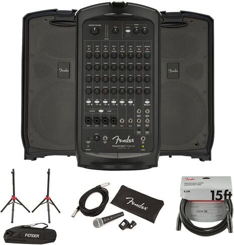 Fender Passport Conference Series 2 Portable 175W Powered PA System Bundle with Fender Compact Speaker Stands, with Bag, P-52S Microphone Kit and Professional Series Cable 15' in Saudi Arabia