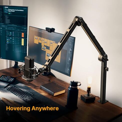 حامل ميكروفون بودكاست لسطح المكتب من ULANZI مع حامل هاتف، حامل ميكروفون مكتبي قابل للتعديل مع قاعدة مرجحة، ذراع بوم، 3/8 بوصة، 1/4 بوصة و2 مشبك ميكروفون لـ Blue Yeti Shure Samson معظم الميكروفونات in Kuwait