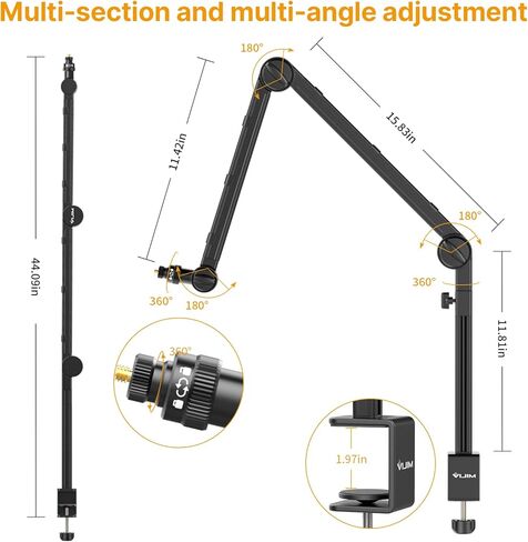 حامل ميكروفون بودكاست لسطح المكتب من ULANZI مع حامل هاتف، حامل ميكروفون مكتبي قابل للتعديل مع قاعدة مرجحة، ذراع بوم، 3/8 بوصة، 1/4 بوصة و2 مشبك ميكروفون لـ Blue Yeti Shure Samson معظم الميكروفونات in Kuwait