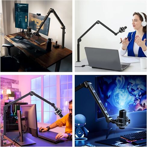 حامل ميكروفون بودكاست لسطح المكتب من ULANZI مع حامل هاتف، حامل ميكروفون مكتبي قابل للتعديل مع قاعدة مرجحة، ذراع بوم، 3/8 بوصة، 1/4 بوصة و2 مشبك ميكروفون لـ Blue Yeti Shure Samson معظم الميكروفونات in Kuwait