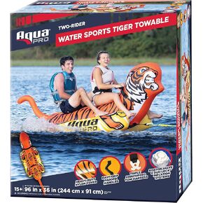Aqua Pro Giant Towable Tiger Tube – 1-2 Riders – Double-Pontoon Inflatable Tiger Boat Tube – Orange/Yellow