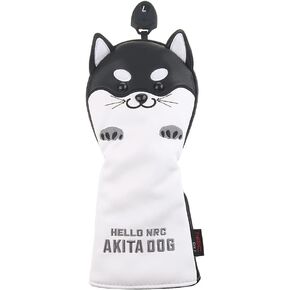 Golf Club Fairway Wood Head Cover with Akita Dog Creative Cartoon Animal Pattern Synthetic Leather Black Golf Clubs Headcovers (3.4.5.7.X)