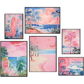 LBARTXY Beach Prints Wall Art Set of 6, Summer Pink Coastal Wall Decor Pictures Beachy Room Decor Aesthetic Preppy Surf Palm Tree Posters for Teen Girls Dorm Decoration, Unframed