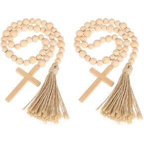 2pcs Cross Tassel Beads Wall Hanging Bead Decor Coffee Bar Sign Home Pendant Wooden Bead Decor Hanging Bead Pendant Hanging Decor Housewarming Gift Natural Wooden Ball Rope