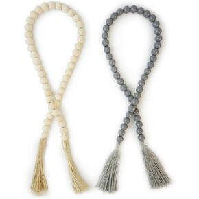 إكليل من الخرز الخشبي مع شرابات، قطعتان من إكليل الخرز الخشبي مقاس 35 بوصة، ديكور المزرعة الحديثة، تصفية ديكور المنزل بوهو in Kuwait