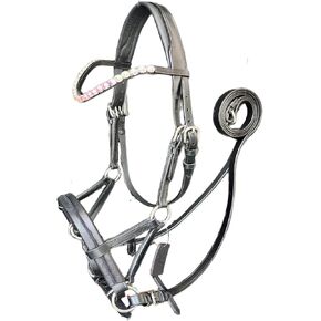 Leather Sidepull Bitless Bridle with Multicolor Reflective Sparkling Stones Browband and Cow Soft Leather Noseband, Full, Black