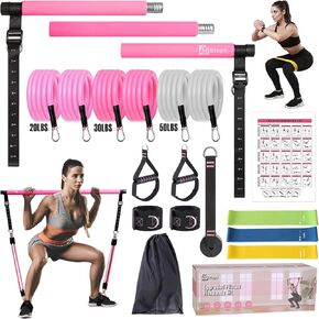 Pilates Bar Kit with Resistance Bands, Upgraded Multifunctional Screw Yoga Pilates Bar with Metal Adjustment Buckle, Portable Home Gym Pilates Bar for Women Full Body Workout Equipment Pink