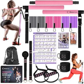 Portable Pilates Bar and Resistance Band Set with Handles. Multifunctional Family Gym with Door Anchor, Ankle Strap and Extended Rope - with Fitness Poster and Exercise Video