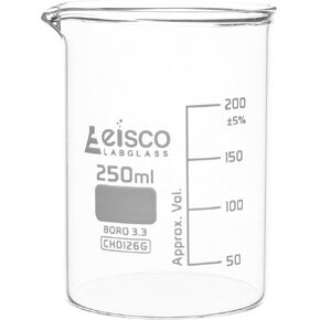 EISCO Beaker, 250ml - Low Form with Spout - White, 50ml Graduations - Borosilicate 3.3 Glass