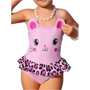 Girl's Cartoon One Piece Swimsuit Ruffle Trim Backless Sleeveless Criss Cross Swimwear Cute Bathing Suit