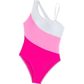 MakeMeChic Girl's Color Block One Piece Swimsuit Asymmetrical Neck One Shoulder Tummy Control Bathing Suit