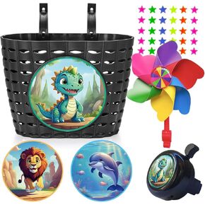 Kids Bike Basket,Children Bicycle Handlebar Basket with Stickers,Bike Bell,Windmill and Bicycle Wheel Beads,Bike Decoration Accessories for Girls Boys