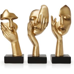 Gold Decor Thinker Statues Set of 3,Golden Abstract Face Resin Sculptures,Home Decor Accents,Office Bookshelf Decor, Shelf Side, Table Decorations for Living Room, Gift for Friends (gold-3Pcs)