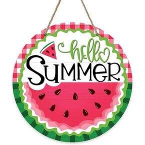 Hello Summer Watermelon Sign for Front Door, Red Buffalo Plaid Check Green Stripes Wood Door Hanger Outdoor Outside Porch Decor, Seasonal Farmhouse Wooden Wreath Indoor Wall Hanging Decoration