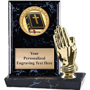 6"X6" Religion Praying Hands Plaque Award, Bible with Cross Trophy with Custom Engraving, Prime
