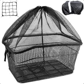 Bike Basket Rear with Waterproof Cover and Cargo Net, Metal Bicycle Rack Storage Basket with Closure Lid, Waterproof Bike Basket for Most Rear Bike Racks