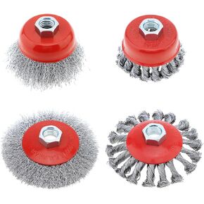 4 عبوات من العجلات السلكية لمطحنة الزوايا، 5/8 بوصة - 11 خيوط UNC أربور 0.012 بوصة من الكربون الخشن و0.02 بوصة فرشاة أكواب من أسلاك الفولاذ الكربوني المعقودة لمطحنة زاوية 4-1/2 لإزالة الطلاء والصدأ in Kuwait