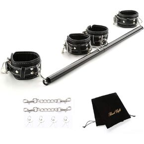 EXREIZST 3 in 1 Black Spreader Bar Set with 4 Premium Soft Pad Black Leather Straps Adjustable Expandable Sports Exercise Kit