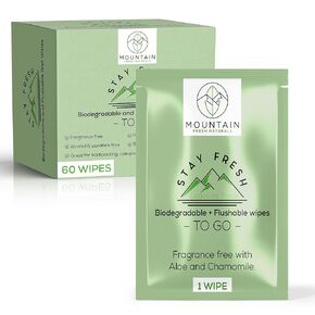 STAY FRESH (60 Flushable Wipes to-Go) - PH Balanced, Travel sized, Unscented with Aloe, Chamomile and Rose extract.