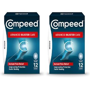 Compeed Advanced Blister Care Hydrocolloid Bandage Cushions 12 Count Medium Pads (2 Packs), Heel & Foot Blister Patches, Blister Prevention & Treatment Help, Waterproof, Packaging May Vary