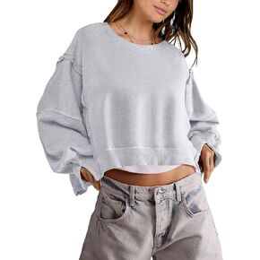 ANRABESS Womens Cropped Oversized Sweatshirts Crewneck Long Sleeve Pullover Crop Tops 2024 Fall Teen Girls Preppy Clothes in Kuwait