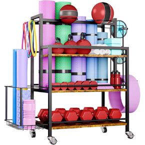 Home Gym Storage, 4 Tier Large Capacity Rack for Dumbbells Kettlebells Foam Roller, Yoga Mat Strap and Resistance Bands, Exercise/Workout Equipment Storage Gym Organizer With Hooks and Wheels