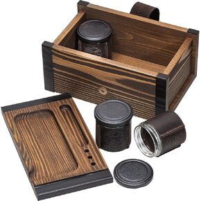 Large Kit - Wooden Storage Box with Decorative Tray & Pack of 3 UV Blocking and Airtight Glass Jars for Herbs / Accessories - Unique Portable Men Gift Set