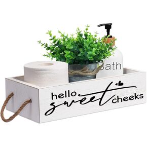 Hello Sweet Cheek Decor Box with Rope - Rustic Wooden Storage Box with Funny Design on 2 Sides Perfect for Bathroom Decor, Toilet Paper Holder, Toilet Tank Basket, Toilet Organizer (White)