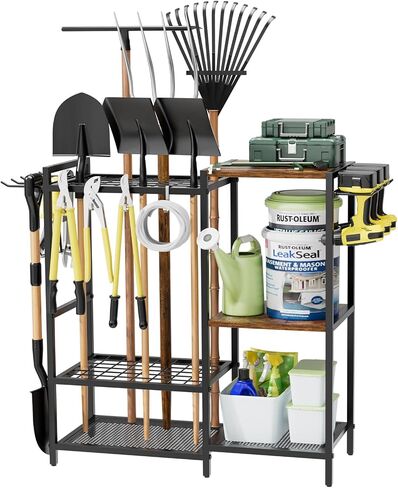 Garden Garage Tool Organizer - with 3-tier Shelves, Yard Tool Organizer for Garage with 4 Hooks, Heavy duty Steel Garden Tool Rack Holds up to 48 Long Handled Yard tools for Storage in Saudi Arabia