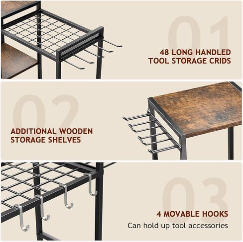 Garden Garage Tool Organizer - with 3-tier Shelves, Yard Tool Organizer for Garage with 4 Hooks, Heavy duty Steel Garden Tool Rack Holds up to 48 Long Handled Yard tools for Storage in Saudi Arabia