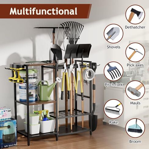 Garden Garage Tool Organizer - with 3-tier Shelves, Yard Tool Organizer for Garage with 4 Hooks, Heavy duty Steel Garden Tool Rack Holds up to 48 Long Handled Yard tools for Storage in Saudi Arabia