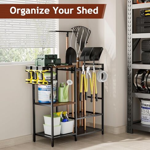 Garden Garage Tool Organizer - with 3-tier Shelves, Yard Tool Organizer for Garage with 4 Hooks, Heavy duty Steel Garden Tool Rack Holds up to 48 Long Handled Yard tools for Storage in Saudi Arabia