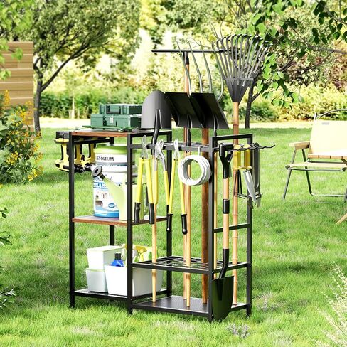 Garden Garage Tool Organizer - with 3-tier Shelves, Yard Tool Organizer for Garage with 4 Hooks, Heavy duty Steel Garden Tool Rack Holds up to 48 Long Handled Yard tools for Storage in Saudi Arabia