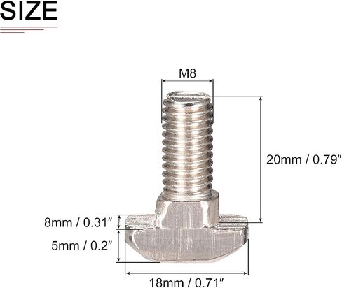 M8x20mm(DxL) T-Slot Drop-in Stud Sliding Bolt Screw - 5Pack - Good for Construction Industry - Carbon Steel Zinc Plated T Track Bolts - Silver Tone in Saudi Arabia
