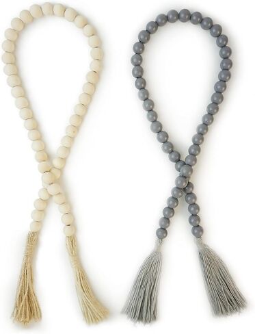 إكليل من الخرز الخشبي مع شرابات، قطعتان من إكليل الخرز الخشبي مقاس 35 بوصة، ديكور المزرعة الحديثة، تصفية ديكور المنزل بوهو in Kuwait