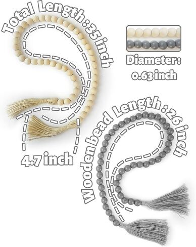 إكليل من الخرز الخشبي مع شرابات، قطعتان من إكليل الخرز الخشبي مقاس 35 بوصة، ديكور المزرعة الحديثة، تصفية ديكور المنزل بوهو in Kuwait