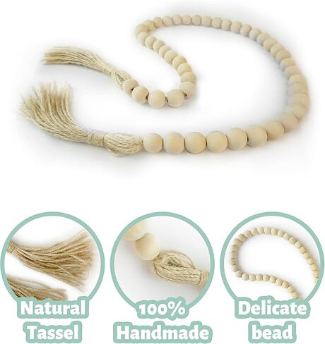 إكليل من الخرز الخشبي مع شرابات، قطعتان من إكليل الخرز الخشبي مقاس 35 بوصة، ديكور المزرعة الحديثة، تصفية ديكور المنزل بوهو in Kuwait