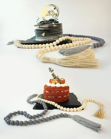 إكليل من الخرز الخشبي مع شرابات، قطعتان من إكليل الخرز الخشبي مقاس 35 بوصة، ديكور المزرعة الحديثة، تصفية ديكور المنزل بوهو in Kuwait